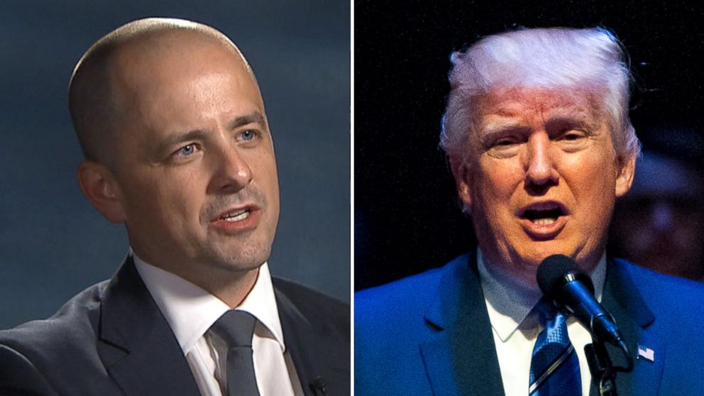 Evan McMullin, who has launched an independent presidential bid, spoke to ABC News's Tom Llamas, Aug. 8, 2016; Republican presidential candidate Donald Trump speaks at the Merrill Auditorium, Aug. 4, 2016, in Portland, Maine.