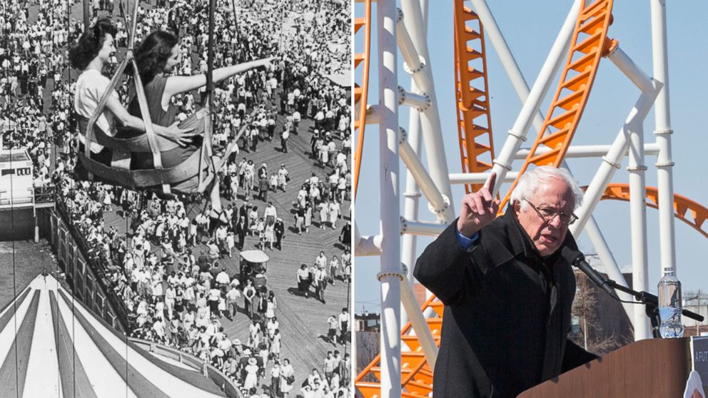 PHOTO: Left. people on a fairground ride at Coney Island in Brooklyn, New York, Sept. 8, 1946; right, Democratic presidential candidate, Sen. Bernie Sanders, speaks during a rally on the Coney Island boardwalk in Brooklyn, New York, April 10, 2016.