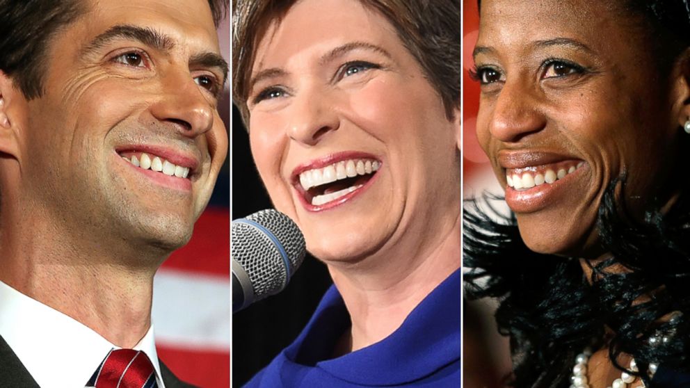 From left, Tom Cotton, U.S. Joni Ernst and Mia love celebrate their victory in the midterm elections, Nov. 4, 2014.