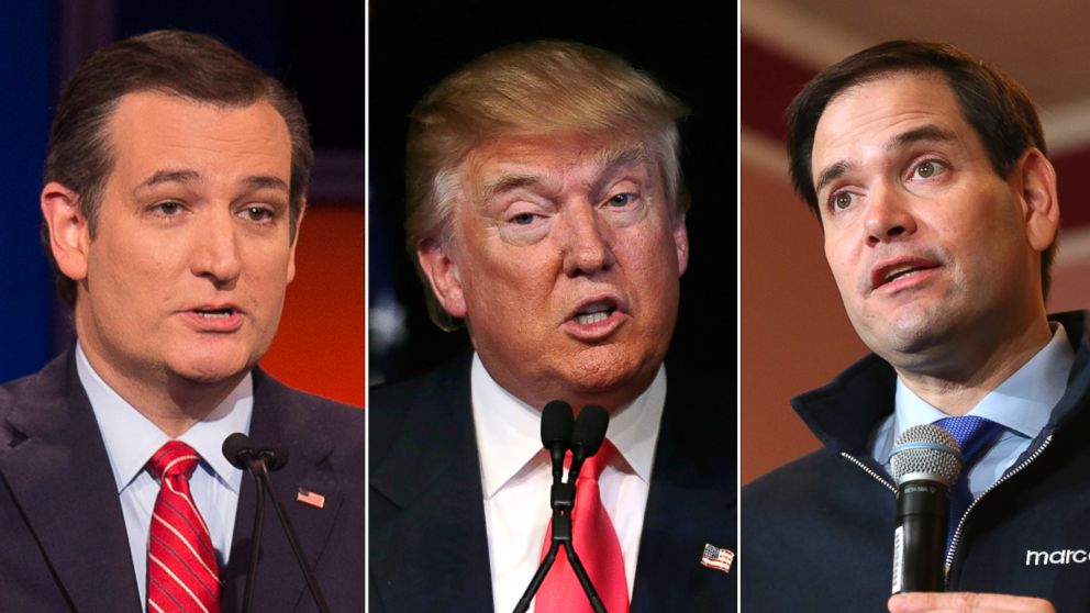 Sen. Ted Cruz speaks during the Republican Presidential debate at the Iowa Events Center in Des Moines, Iowa on Jan. 28, 2016. |  Donald Trump gestures during a campaign stop at Exeter Town Hall in Exeter, N.H., Feb. 4, 2016. | Sen. Marco Rubio holds a campaign town hall event at the Frank Jones Center Feb. 4, 2016 in Portsmouth, New Hampshire.