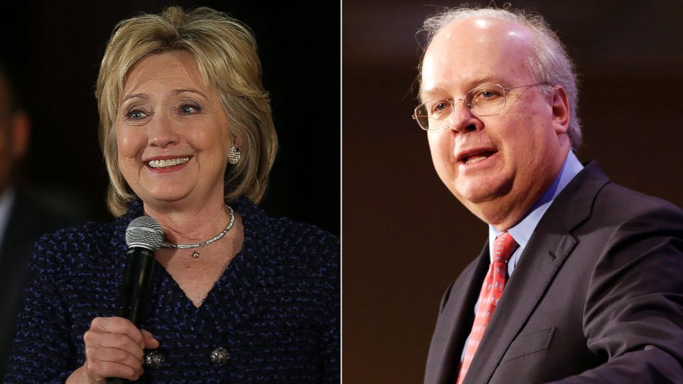 Pictured (L-R) are Democratic presidential candidate Hillary Clinton in Waterloo, Iowa, Jan. 11, 2016 and Republican strategist Karl Rove in Sacramento, Calif., March 2, 2013.