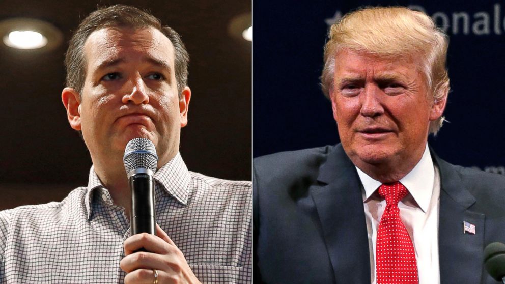 Pictured (L-R) are Republican presidential candidates Sen. Ted Cruz in Mason City, Iowa, Jan. 8, 2016 and Donald Trump in Burlington, Vt., Jan. 7, 2016. 