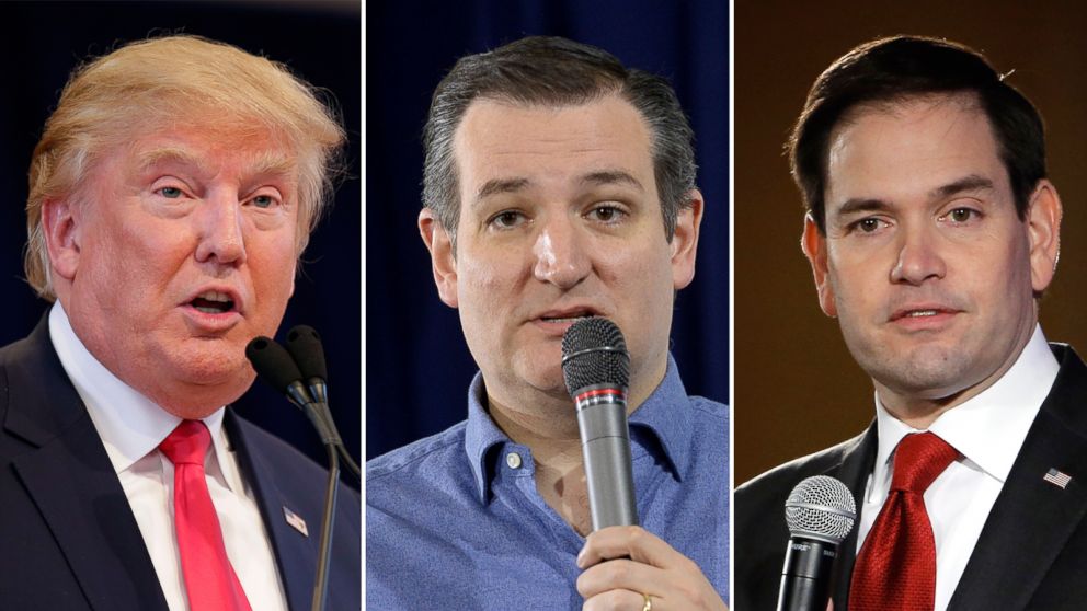 Donald Trump speaks during a campaign event Jan. 23, 2016 in Pella, Iowa. | Sen. Ted Cruz speaks at Exeter Town Hall Jan. 20, 2016 in Exeter, N. H. | Sen. Marco Rubio speaks on Jan. 23, 2016 in Nashua, N.H. 