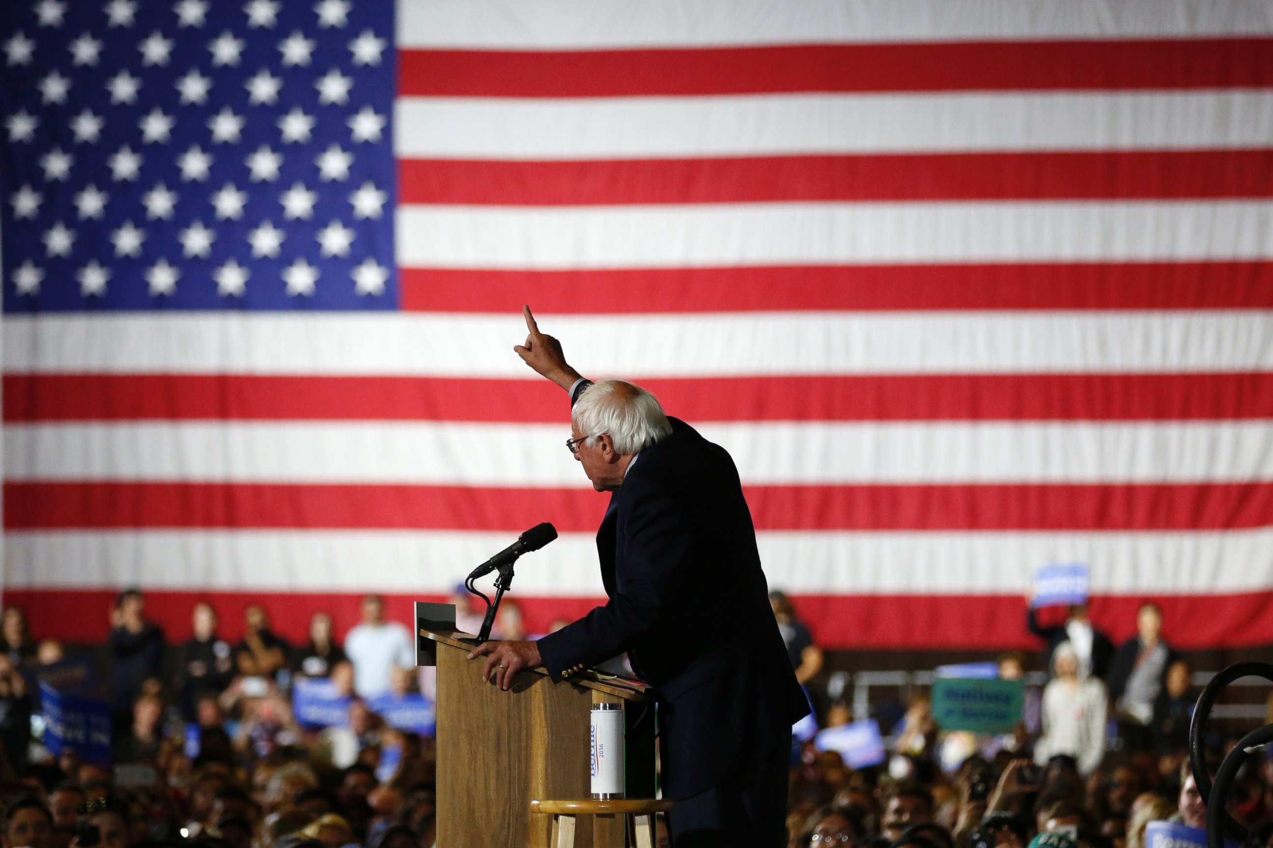 PHOTO: Democratic presidential candidate Senator Bernie Sanders speaks during a rally at Barker Hangar in Santa Monica, California on June 7, 2016.  