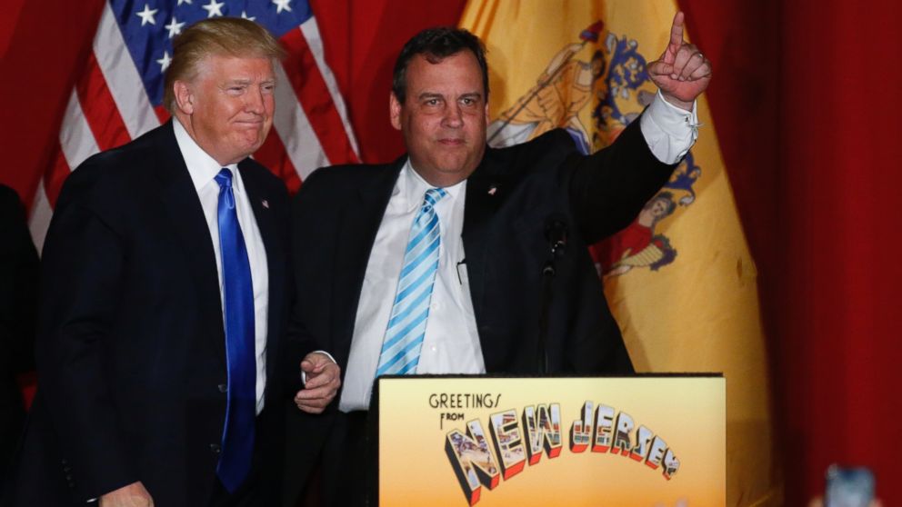 PHOTO: Republican presidential candidate Donald Trump and New Jersey governor Chris Christie greet the crowd as they attend a fundraising event in Lawrenceville, New Jersey on May 19, 2016. 