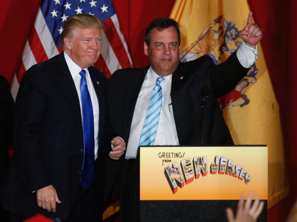PHOTO: Republican presidential candidate Donald Trump and New Jersey governor Chris Christie greet the crowd as they attend a fundraising event in Lawrenceville, New Jersey on May 19, 2016.