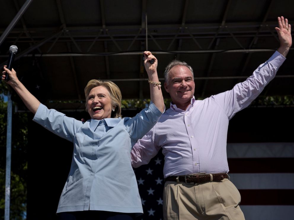 PHOTO:Democratic presidential nominee Hillary Clinton (L) and her running mate Tim Kaine cheer during a Labor Day rally September 5, 2016 in Cleveland, Ohio.