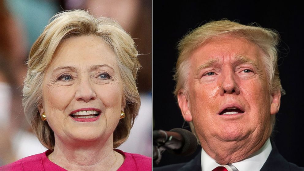Hillary Clinton attends the 2016 general election kickoff rally for Hillary for America at McGonigle Hall at Temple University, on July 29, 2016, in Philadelphia | Republican presidential candidate Donald Trump speaks during a rally at Windham High School, on Aug. 6, 2016, in Windham, New Hampshire. 
