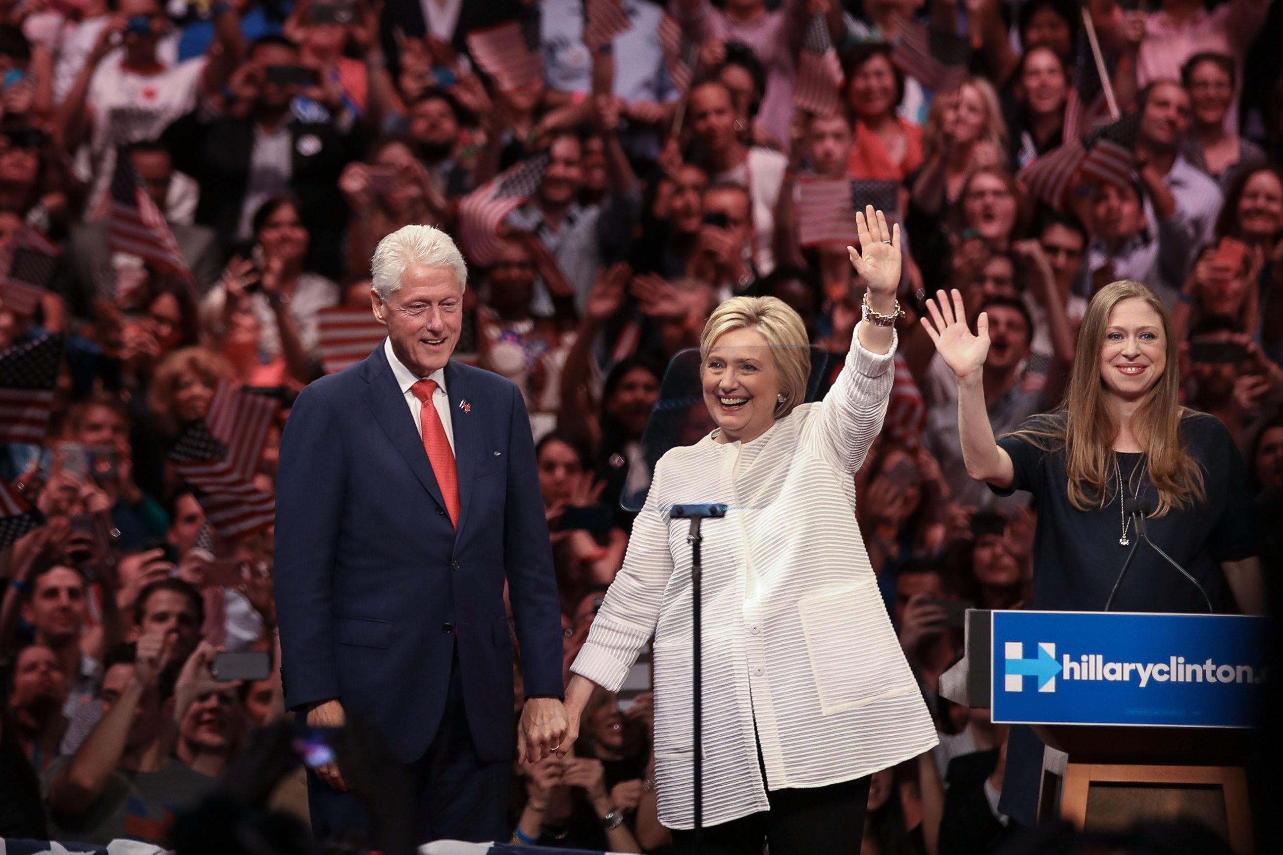 PHOTO: Former president Bill Clinton, Democratic presidential candidate Hillary Clinton and daughter Chelsea Clinton during a primary night rally at the Duggal Greenhouse in the Brooklyn Navy Yard, June 7, 2016 in the Brooklyn borough of New York City. 