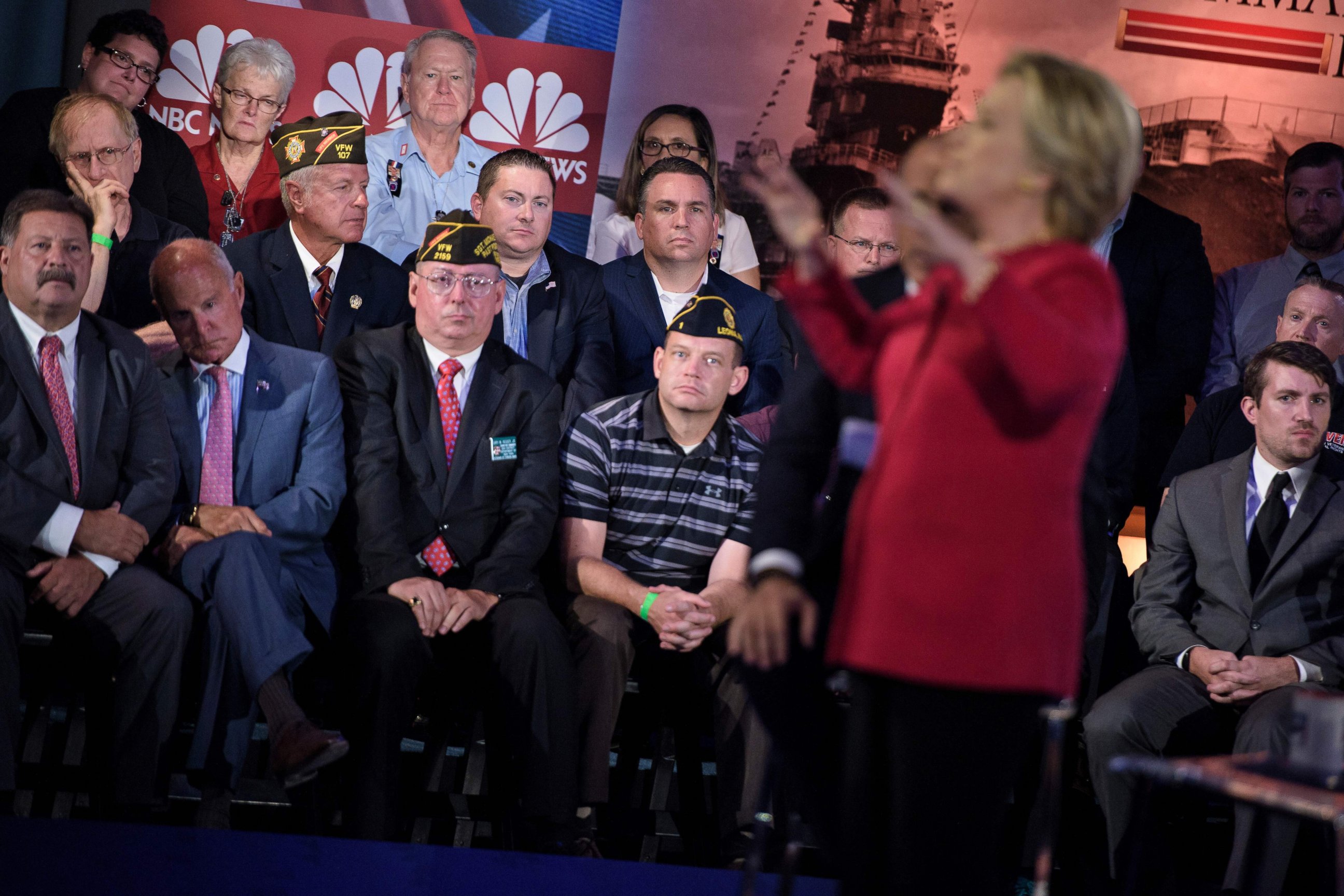 PHOTO:Democratic presidential nominee Hillary Clinton speaks during a veterans forum at the air and space museum aboard the aircraft carrier USS Intrepid on September 7, 2016 in New York, NY.