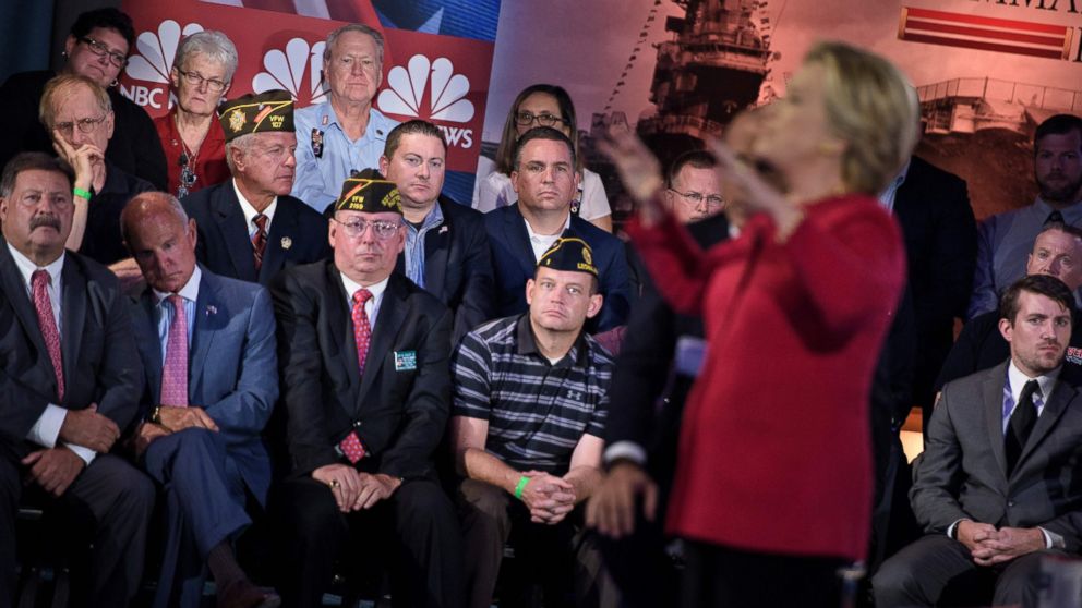 PHOTO:Democratic presidential nominee Hillary Clinton speaks during a veterans forum at the air and space museum aboard the aircraft carrier USS Intrepid on September 7, 2016 in New York, NY.