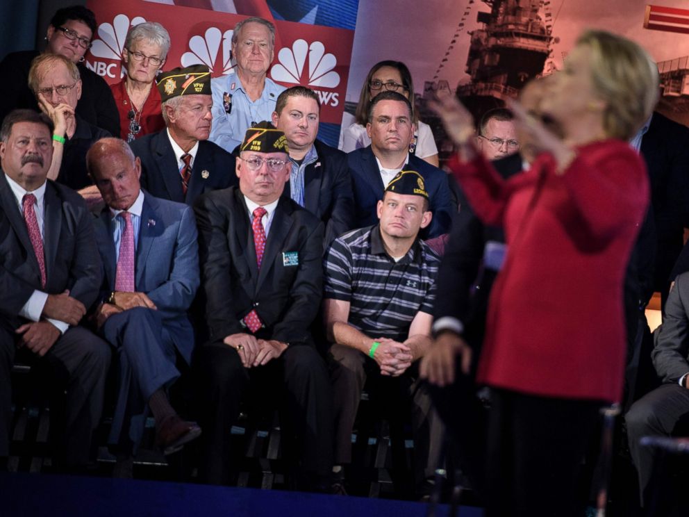 PHOTO:Democratic presidential nominee Hillary Clinton speaks during a veterans forum at the air and space museum aboard the aircraft carrier USS Intrepid on September 7, 2016 in New York, NY.