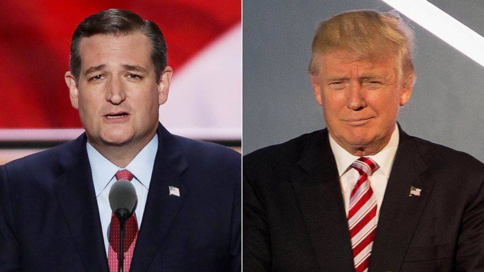 Sen. Ted Cruz (R-TX) delivers a speech on the third day of the Republican National Convention on July 20, 2016 at the Quicken Loans Arena in Cleveland, Ohio | Republican presidential candidate Donald Trump takes the stage on the third day of the Republican National Convention on July 20 2016 at the Quicken Loans Arena in Cleveland, Ohio. 