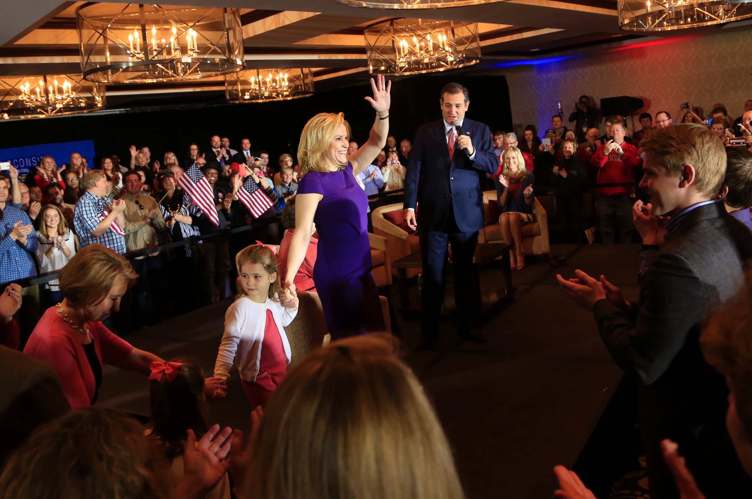 PHOTO: Ted Cruz speaks to guests at a town hall event called "Women for Cruz" Coalition Rollout with wife Heidi, mother Eleanor Cruz, and former Republican candidate Carly Fiorina, March 30, 2016, in Madison, Wisconsin. 