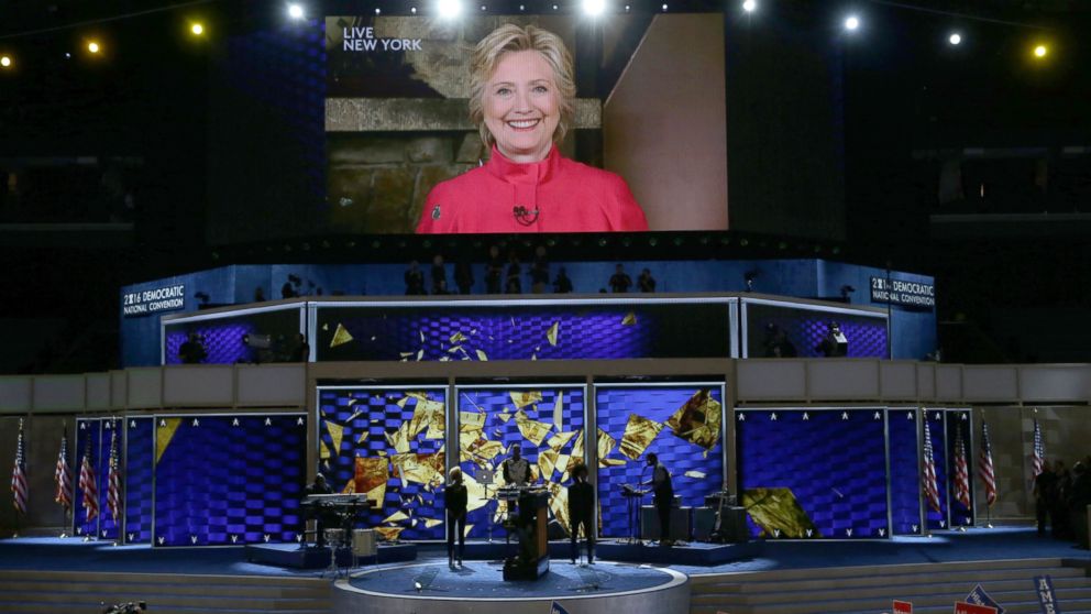 PHOTO: Democratic presidential candidate Hillary Clinton is shown on a screen at the end of the evening session on the second day of the Democratic National Convention, July 26, 2016 in Philadelphia.