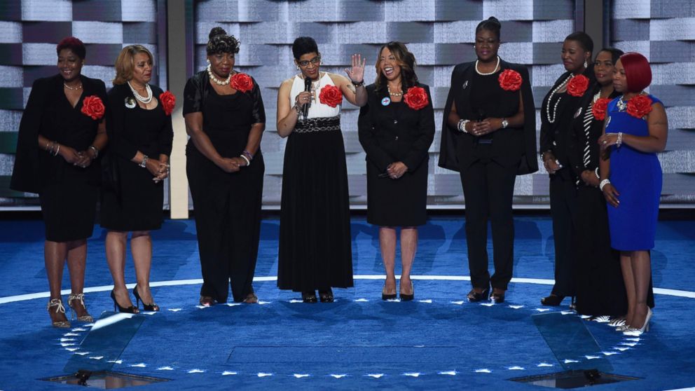 Mothers that have lost children to gun violence, part of the Mothers of the Movement group, take the stage during the second day of the Democratic National Convention, July 26, 2016 in Philadelphia.