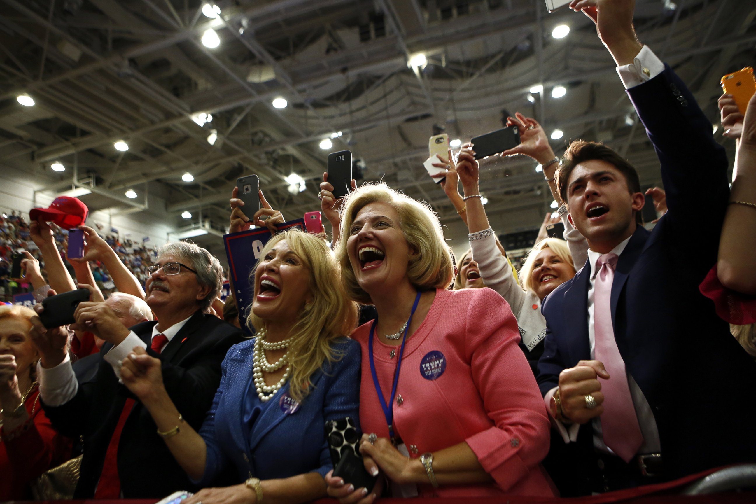 PHOTO: Supporters react as Republican presidential candidate Donald Trump takes to the stage at a rally, on Sept. 12, 2016, at U.S. Cellular Center in Asheville, North Carolina. 