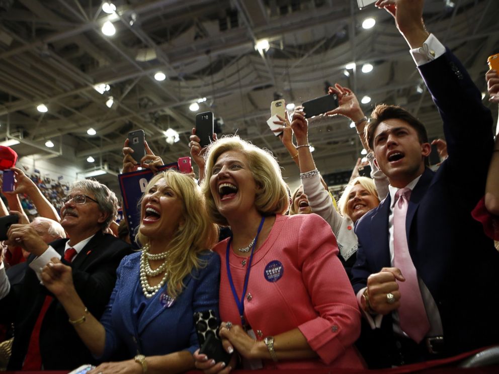 PHOTO: Supporters react as Republican presidential candidate Donald Trump takes to the stage at a rally, on Sept. 12, 2016, at U.S. Cellular Center in Asheville, North Carolina.
