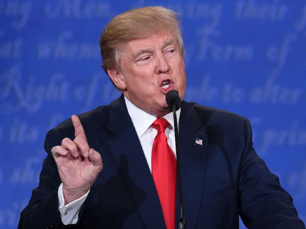 PHOTO: US Republican presidential candidate Donald Trump speaks during the final presidential debate at the Thomas & Mack Center on the campus of the University of Las Vegas in Las Vegas, Nevada on October 19, 2016.