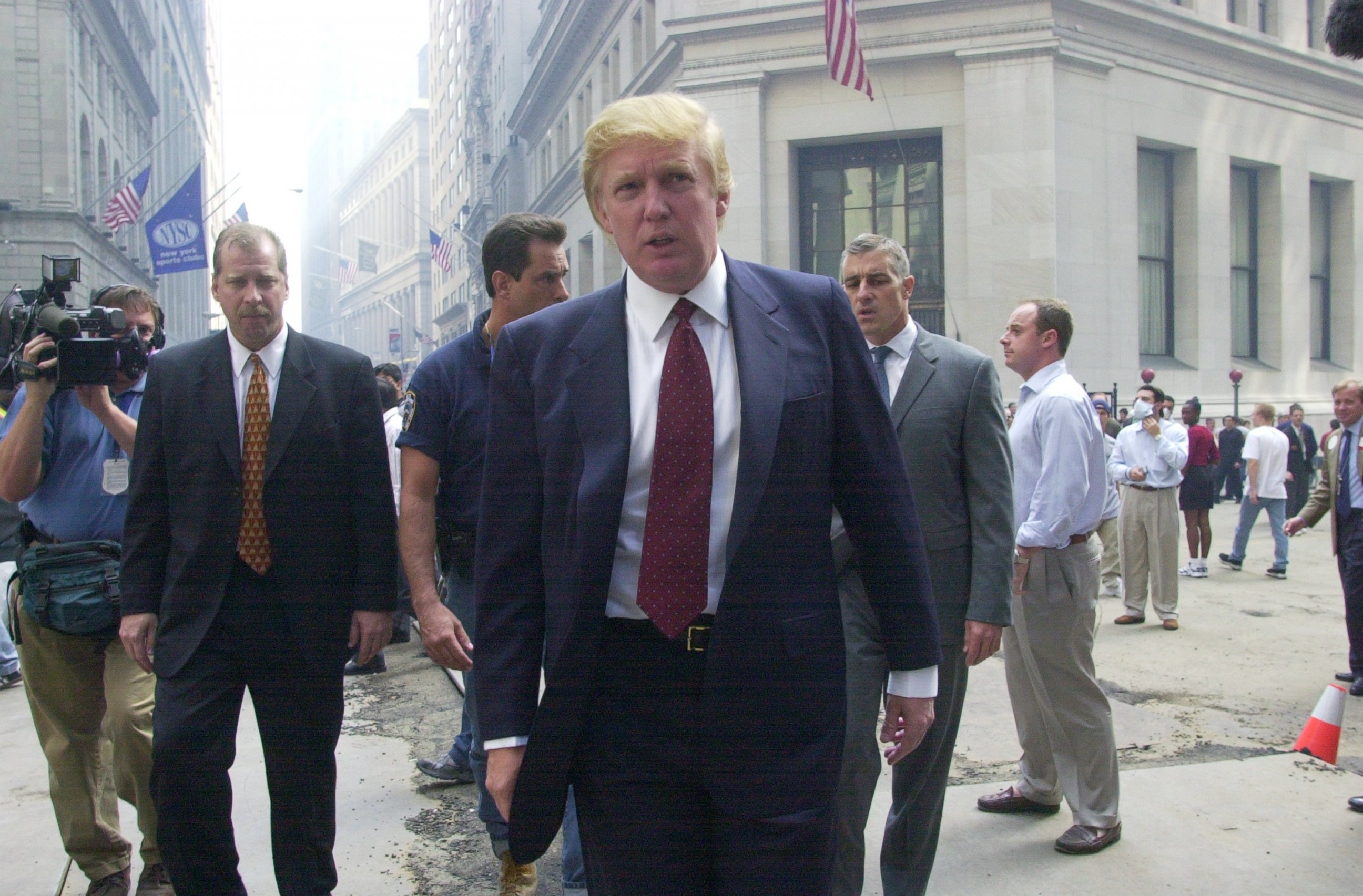 PHOTO: Donald Trump speaks outside the New York Stock Exchange, a week after a terrorist attack brought down the World Trade Centers' twin towers, on Sept. 18, 2001, in New York City.