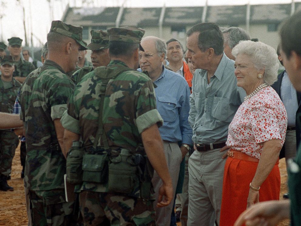 PHOTO: President George Bush, Barbara Bush, and Secretary of Defense Richard Cheney visit with Marines taking part in the disaster relief efforts in the aftermath of Hurricane Andrew, in Homestead, Florida, on Sept. 1, 1992.