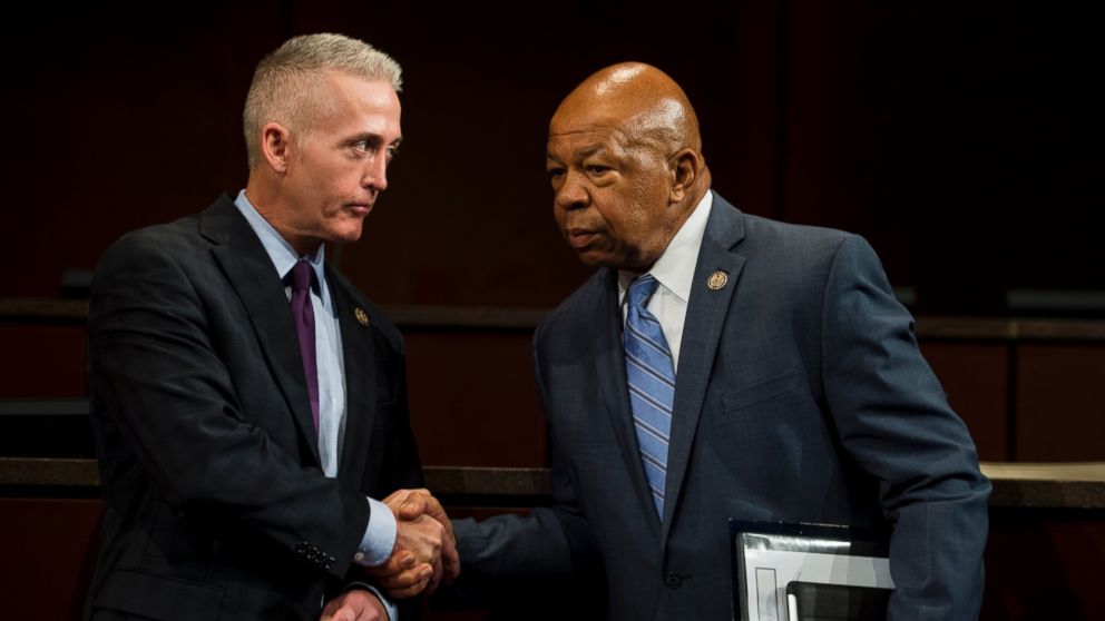 Chairman Trey Gowdy, R-S.C., shakes hands with ranking member Elijah Cummings, D-Md., before the start of the House Select Committee on the Events Surrounding the 2012 Terrorist Attack in Benghazi hearing on "Implementation of the Accountability Review Board Recommendations" on Sept. 17, 2014.