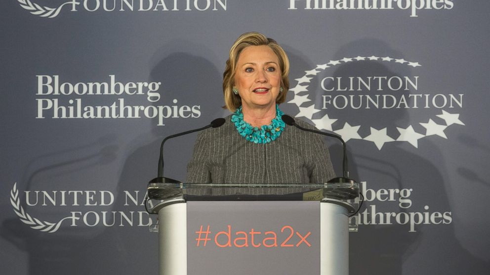 Former U.S. Secretary of State and first lady Hillary Clinton speaks at a press conference announcing a new initiative between the Clinton Foundation, United Nations Foundation and Bloomberg Philanthropies, titled Data 2x, on Dec. 15, 2014, in New York City. 