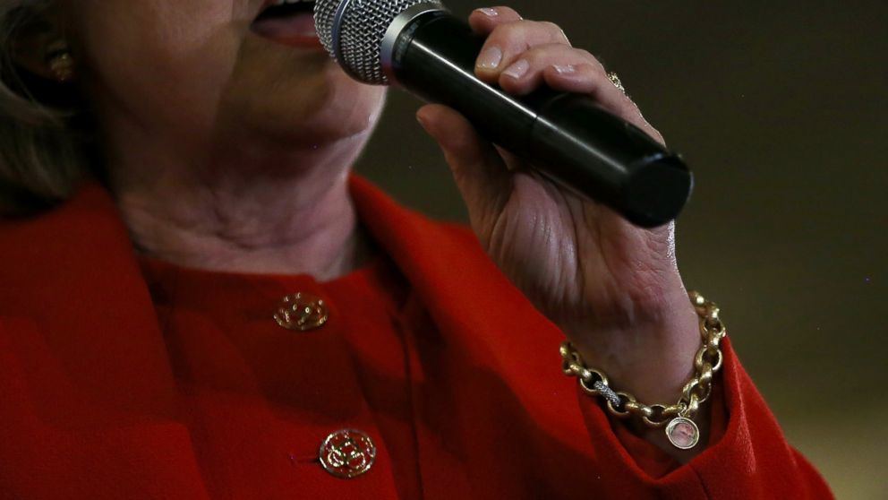 Democratic presidential candidate former Secretary of State Hillary Clinton wears a charm bracelet with an image of her granddaughter Charlotte Clinton Mezvinsky as she speaks during a Bronx Organizing Event on April 13, 2016 in the Bronx borough of New York.