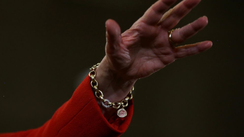 PHOTO: Democratic presidential candidate Hillary Clinton wears a charm bracelet with an image of her granddaughter Charlotte Clinton Mezvinsky as she speaks during a Bronx Organizing Event on April 13, 2016 in the Bronx borough of New York.