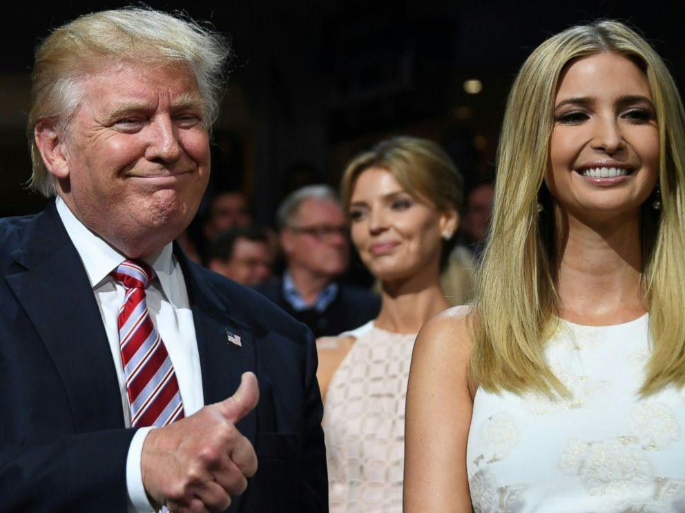 PHOTO:Presumptive Republican presidential nominee Donald Trump, flanked by his daughter Ivanka, gives the thumbs-up on day three of the Republican National Convention at the Quicken Loans Arena in Cleveland, July 20, 2016.  