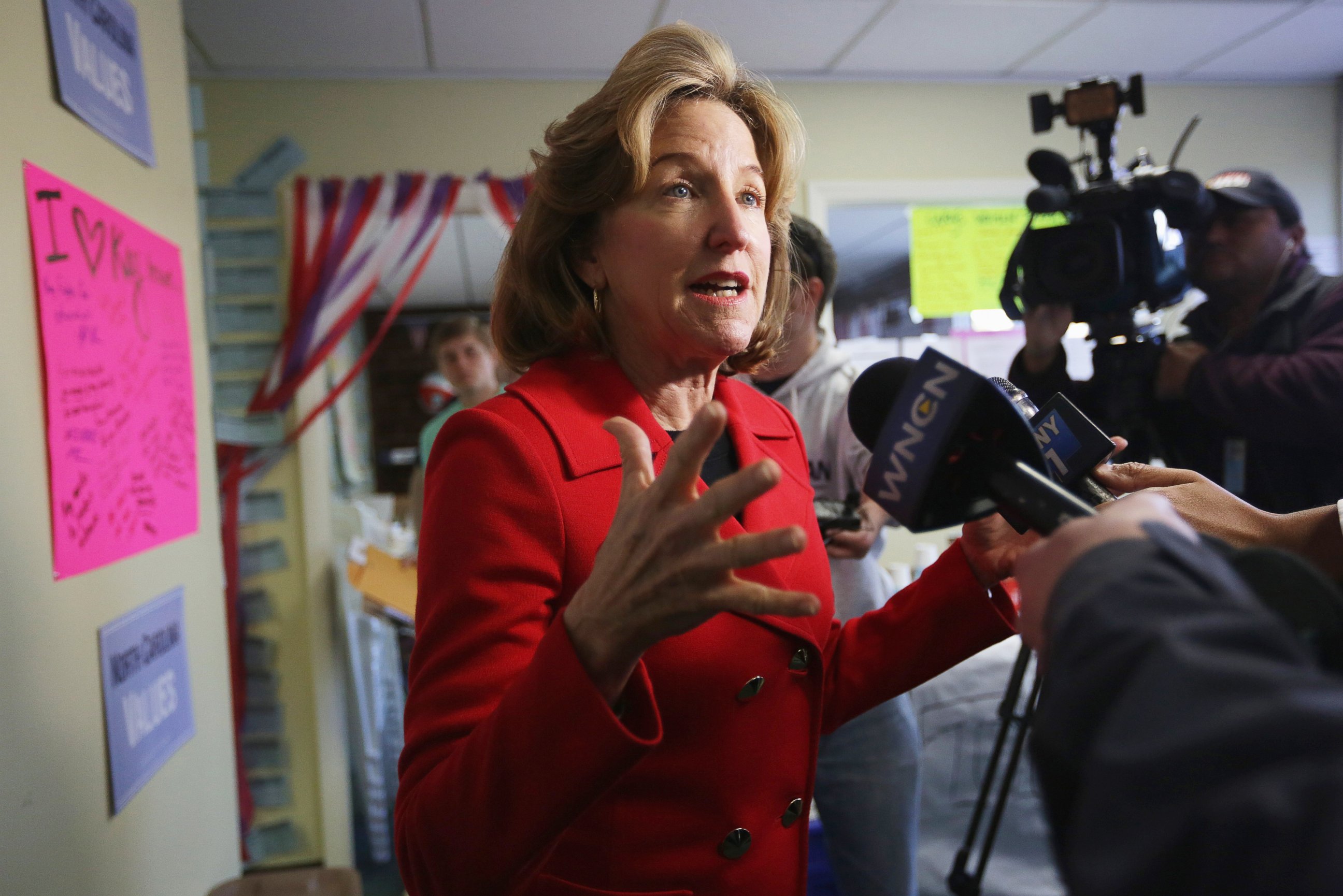 PHOTO: Incumbent U.S. Sen. Kay Hagan (D-NC) speaks to members of the media during a visit at her campaign office Nov. 3, 2014 in Cary, N.C.  