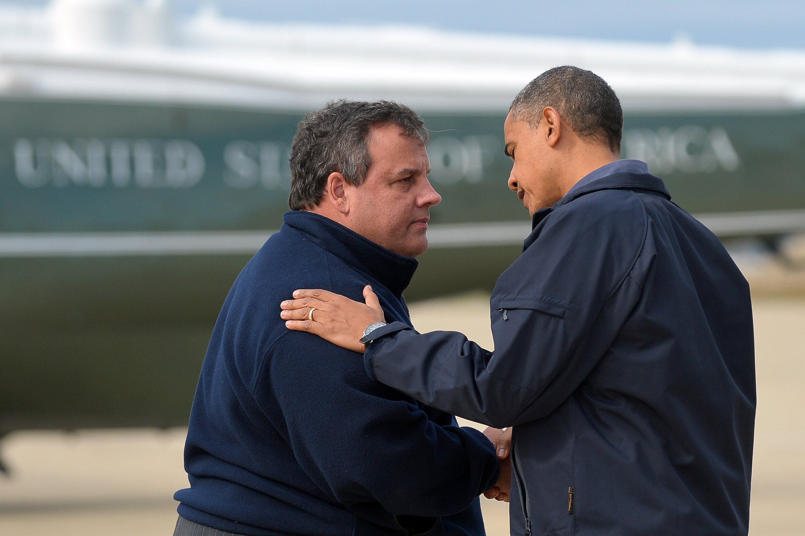 PHOTO: U.S. President Barack Obama (R) is greeted by New Jersey Governor Chris Christie upon arriving in Atlantic City, New Jersey, on Oct. 31, 2012, to visit areas hardest hit by the unprecedented Hurricane Sandy. 