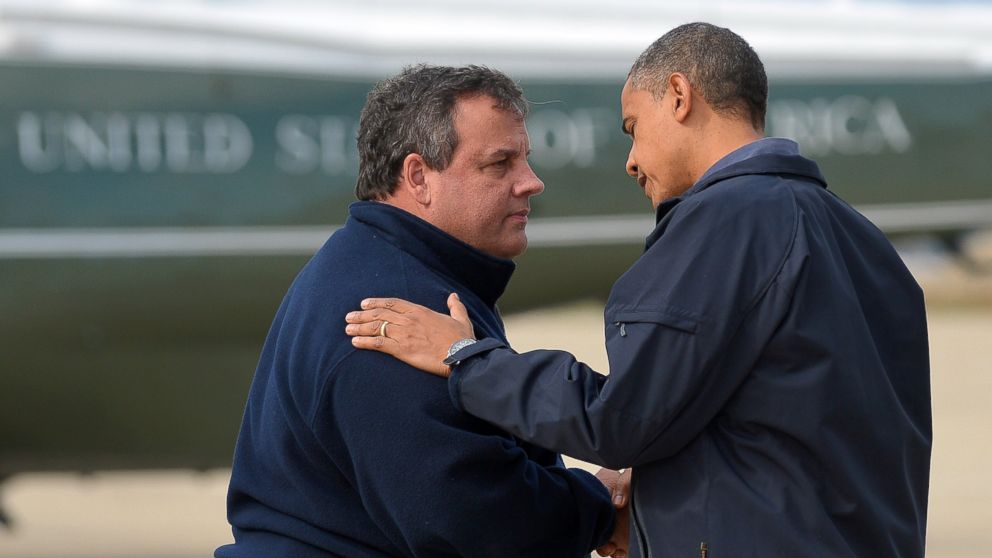 PHOTO: U.S. President Barack Obama (R) is greeted by New Jersey Governor Chris Christie upon arriving in Atlantic City, New Jersey, on Oct. 31, 2012, to visit areas hardest hit by the unprecedented Hurricane Sandy. 