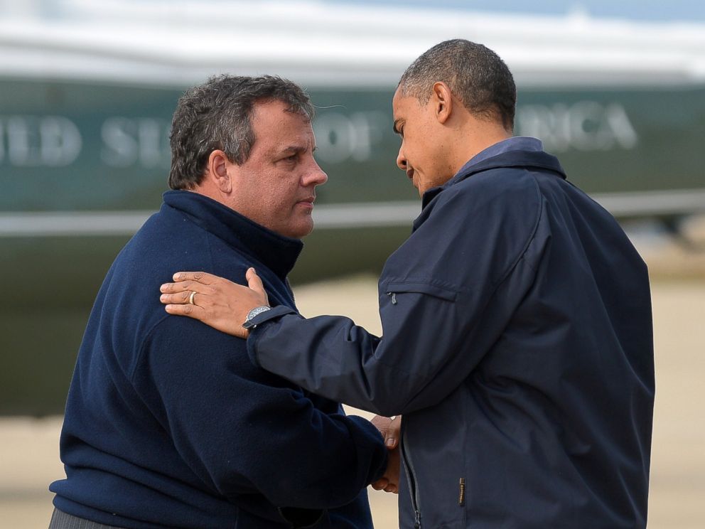 PHOTO: U.S. President Barack Obama (R) is greeted by New Jersey Governor Chris Christie upon arriving in Atlantic City, New Jersey, on Oct. 31, 2012, to visit areas hardest hit by the unprecedented Hurricane Sandy.
