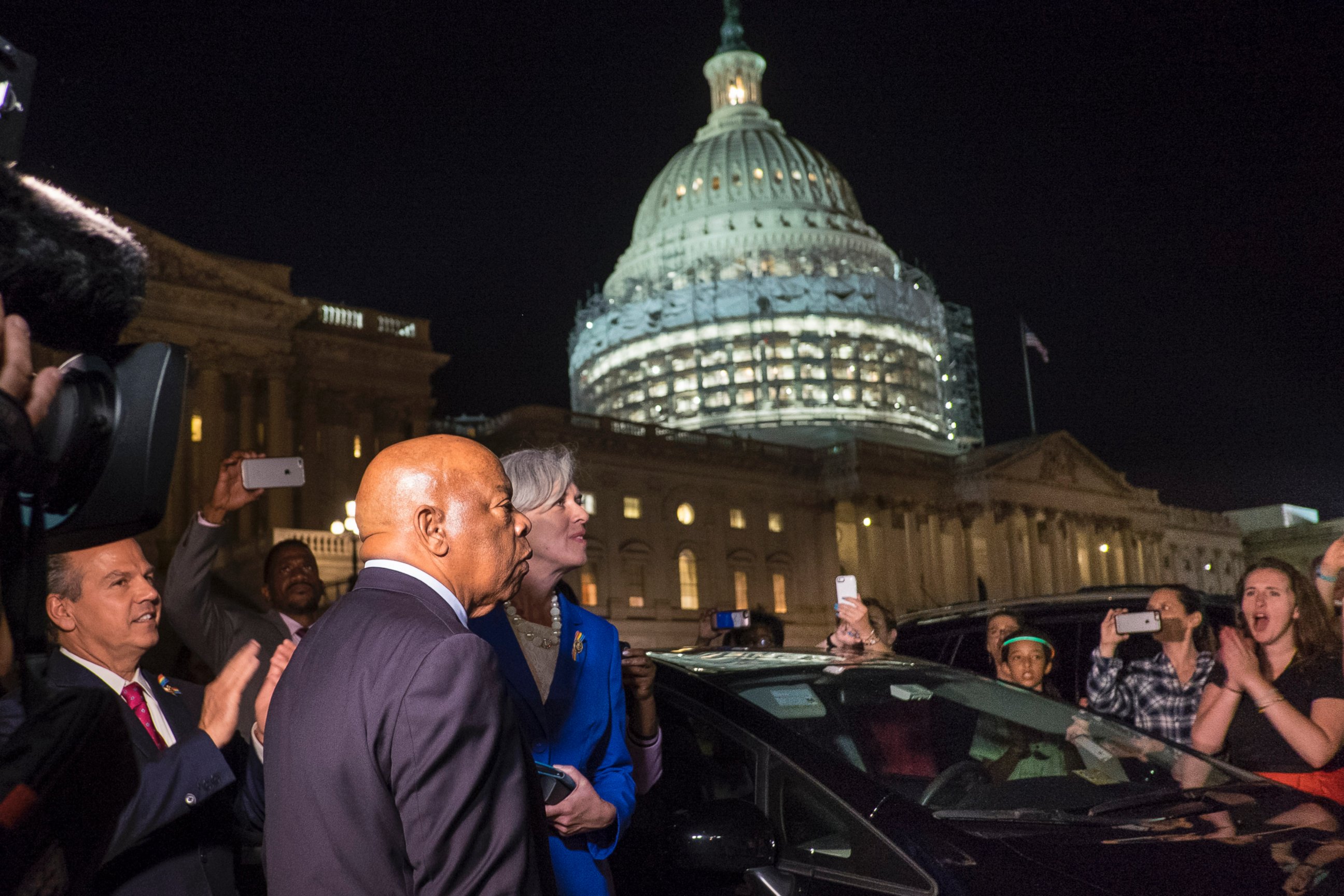 PHOTO: Civil rights icon Rep. John Lewis (D-GA) speaks to supporters of House Democrats taking part in a sit-in on the House Chamber outside the U.S. Capitol on June 22, 2016 in Washington, DC. 