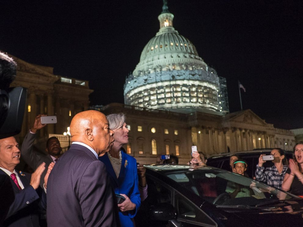 PHOTO: Civil rights icon Rep. John Lewis (D-GA) speaks to supporters of House Democrats taking part in a sit-in on the House Chamber outside the U.S. Capitol on June 22, 2016 in Washington, DC.