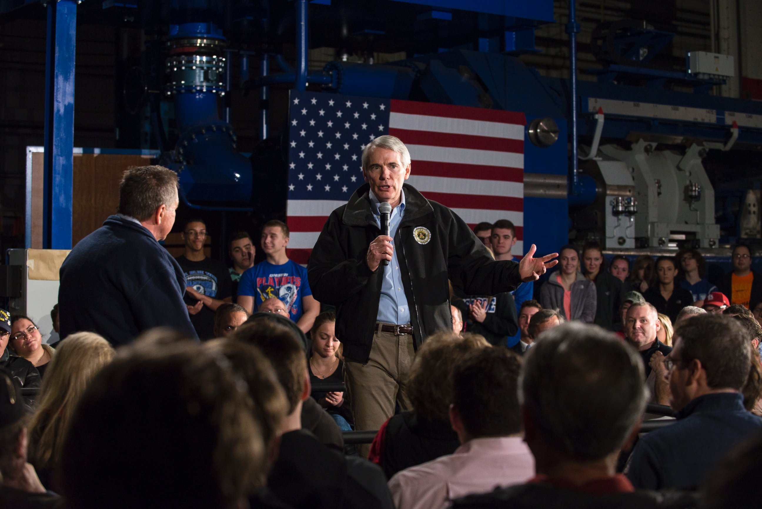 PHOTO: Ohio Senator Rob Portman speaks ahead of Republican presidential candidate Ohio Gov. John Kasich to supporters at a town hall meeting at Brilex Industries, Inc. on March 14, 2016, in Youngstown, Ohio. 