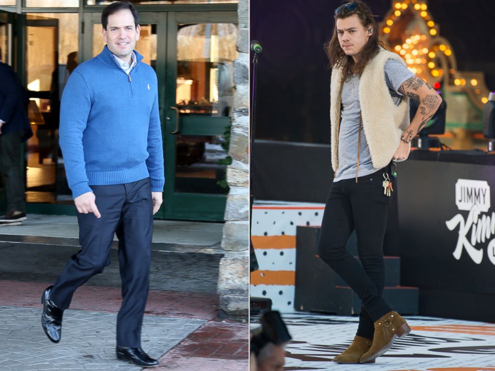 PHOTO:Republican presidential candidate Sen. Marco Rubio leaves a campaign stop, Jan. 3, 2016, in Atkinson, N.H. Harry Styles of the band 'One Direction' is seen on 'Jimmy Kimmel Live,' Nov. 19, 2015 in Los Angeles. 