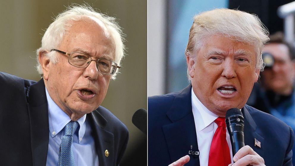 Democratic Presidential candidate Senator Bernie Sanders speaks to a crowd of thousands who attended his  A Future to Believe In Baltimore Rally at the Royal Farm Arena in on April 23, 2016, in Baltimore | Presidential Candidate Donald Trump attends NBC's "Today" Trump Town Hall at Rockefeller Plaza on April 21, 2016 in New York City.  