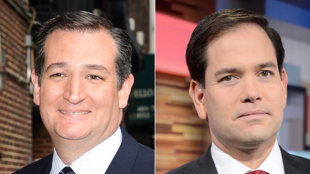 US Senator Ted Cruz (R-Texas) enters the "The Late Show With Stephen Colbert" taping at the Ed Sullivan Theater on Sep. 21, 2015 in New York City | Republican presidential candidate, Senator Marco Rubio, discusses issues on "GOOD MORNING AMERICA" on Nov. 4, 2015.