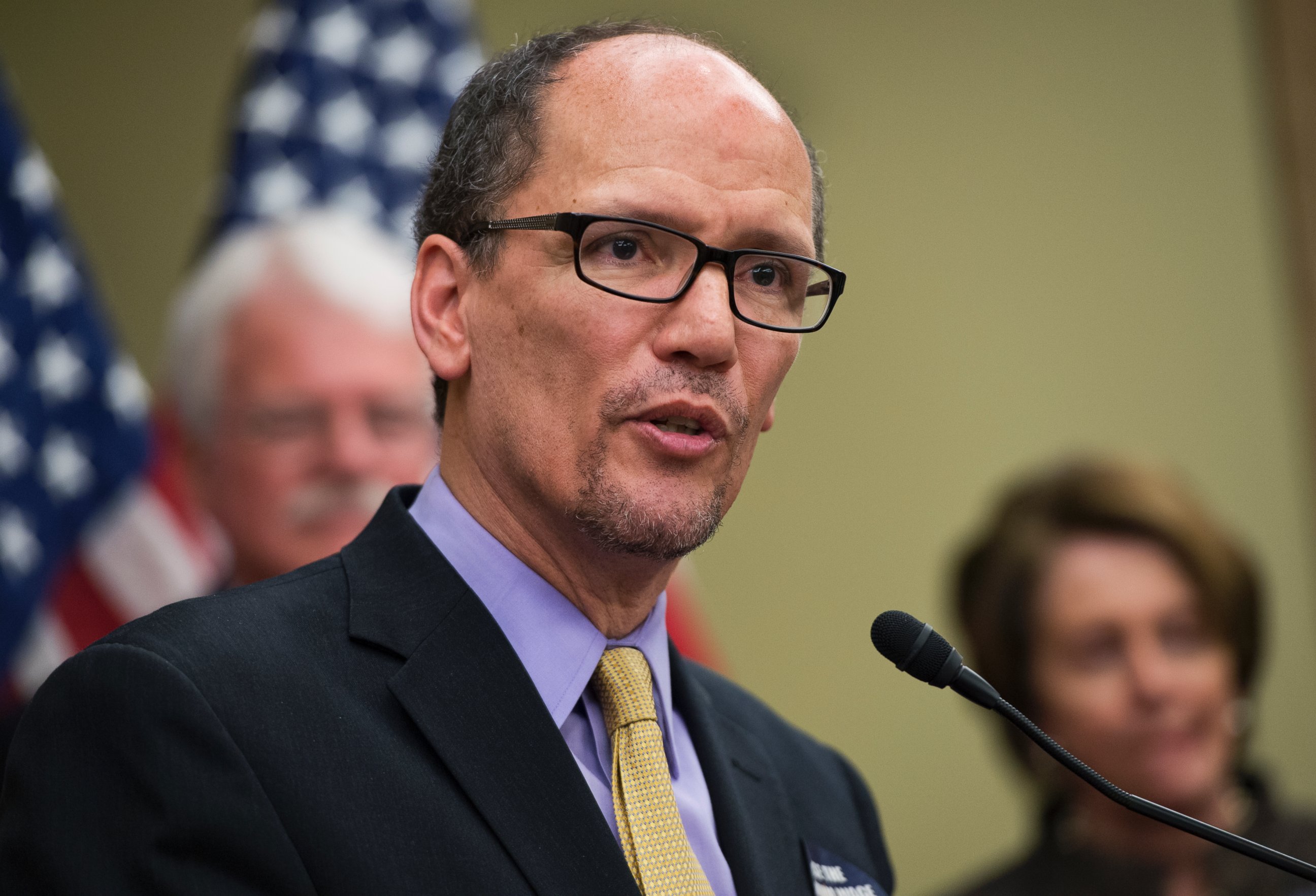 PHOTO: Labor Secretary Thomas Perez, speaks at an event in the Capitol Visitor Center to call on the minimum wage to be increased to $10.10 per hour, April 3, 2016, in Washington.