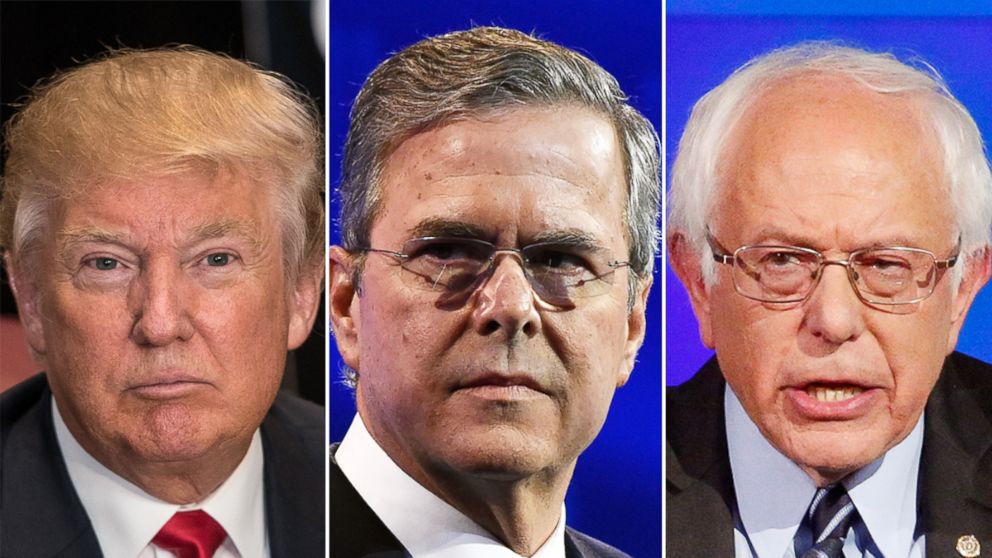 Donald Trump attends a press conference on Nov. 3, 2015 in New York City, Republican Presidential hopeful Jeb Bush during the CNBC Republican Presidential Debate on Oct. 28, 2015 in Boulder, Colo. and Sen. Bernie Sanders, of Vermont, speaks during the CNN Democratic presidential debate on Oct. 13, 2015, in Las Vegas.