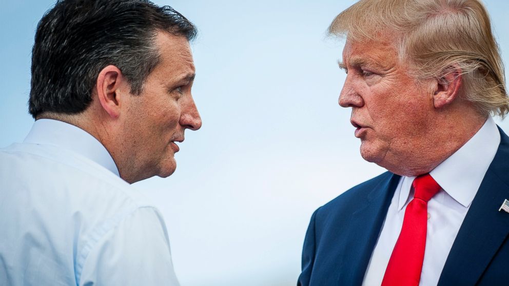 Ted Cruz speaks with Donald Trump during a Tea Party Patriots rally against the Iran nuclear deal on Capitol Hill in Washington, Sept. 9, 2015.  