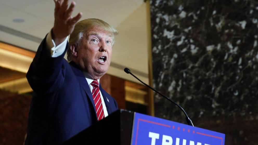 GOP presidential front-runner Donald Trump speaks at a news conference in Manhattan after he signed a pledge Thursday to support the Republican nominee in the 2016 general election, ruling out a third-party or independent run on Sep. 3, 2015 in New York City. 