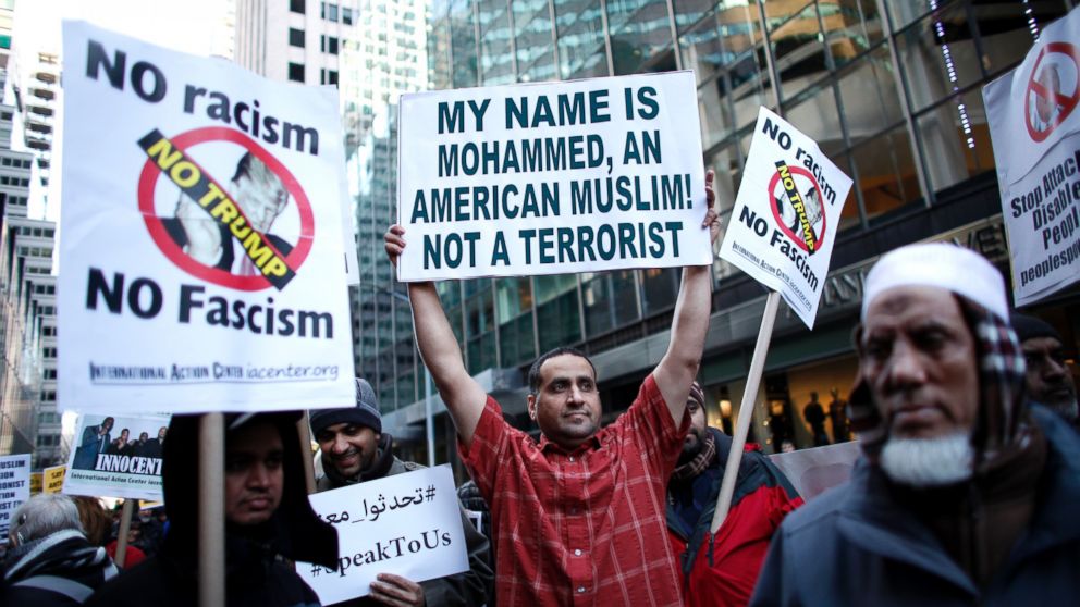 PHOTO: A group of Muslims take part in a rally in front of Trump Tower Dec. 20, 2015 in New York. Republican presidential hopeful Donald Trump proposed a call for a ban on Muslims entering the United States.