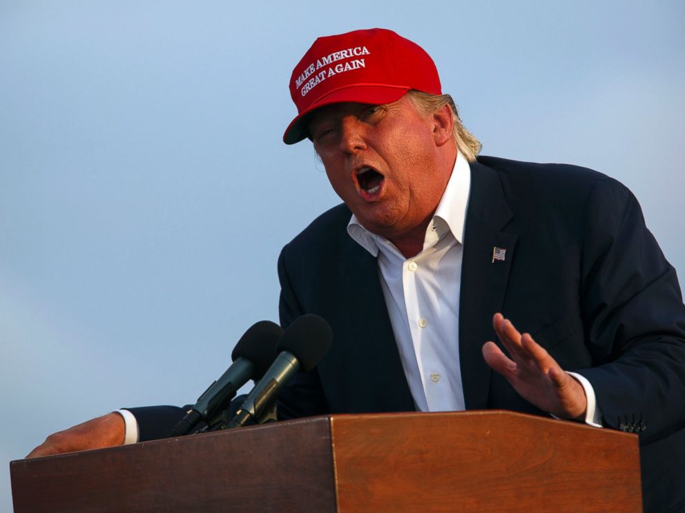 PHOTO: Republican presidential candidate Donald Trump speaks during a rally aboard the Battleship USS Iowa in San Pedro, California, Sept. 15, 2015.