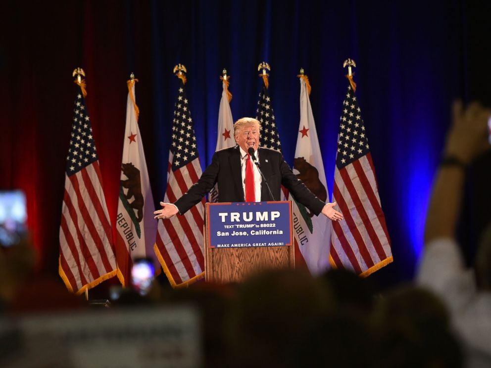 PHOTO: Republican presidential candidate Donald Trump speaks during a rally at the San Jose Convention Center in San Jose, California, June 2, 2016.