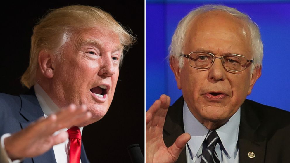 Republican presidential candidate Donald Trump speaks to guests at a campaign rally at Burlington Memorial Auditorium on Oct. 21, 2015 in Burlington, Iowa and Democratic presidential candidate Sen. Bernie Sanders (I-VT) takes part in a presidential debate sponsored by CNN and Facebook at Wynn Las Vegas on Oct. 13, 2015 in Las Vegas.