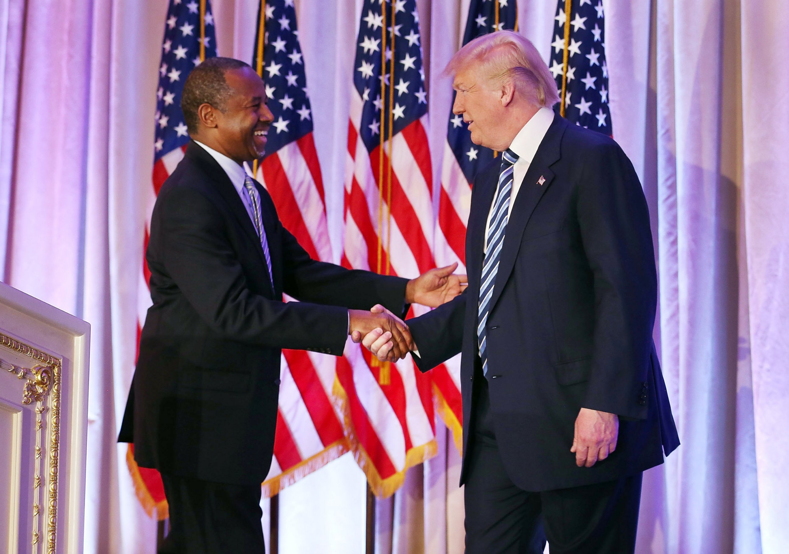 PHOTO: Republican presidential candidate Donald Trump shakes hands with former presidential candidate Ben Carson as he receives his endorsement at the Mar-A-Lago Club on March 11, 2016 in Palm Beach, Florida. 