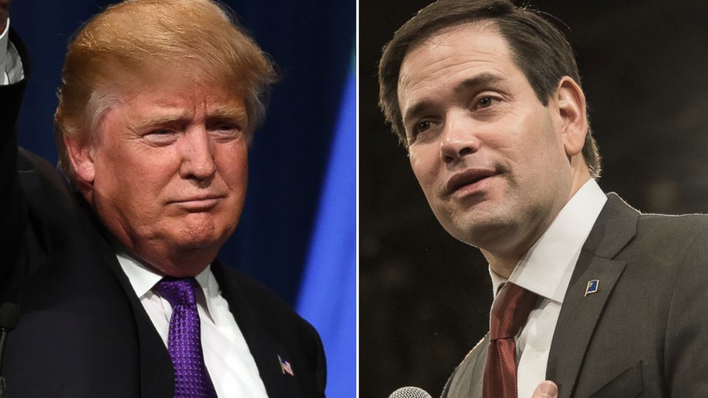 Donald Trump waves after speaking at a caucus night watch party, Feb. 23, 2016, in Las Vegas. Marco Rubio speaks during a campaign rally in Las Vegas, Feb. 23, 2016. 